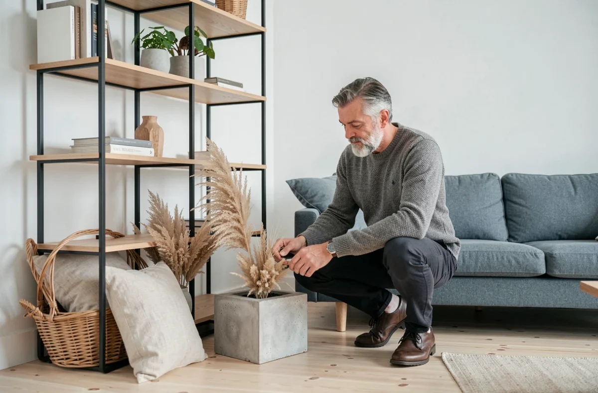 Homme aménageant un salon de style scandinave avec mobilier modulable, matières naturelles et décoration tendance habitat 2024