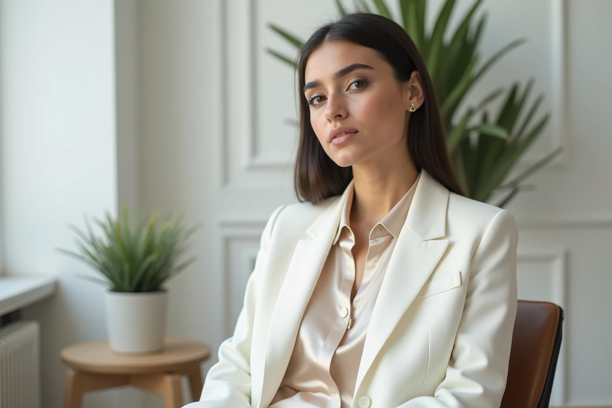Portrait en studio de Betul Yilmazturk en tenue élégante lors d'une interview presse parisienne