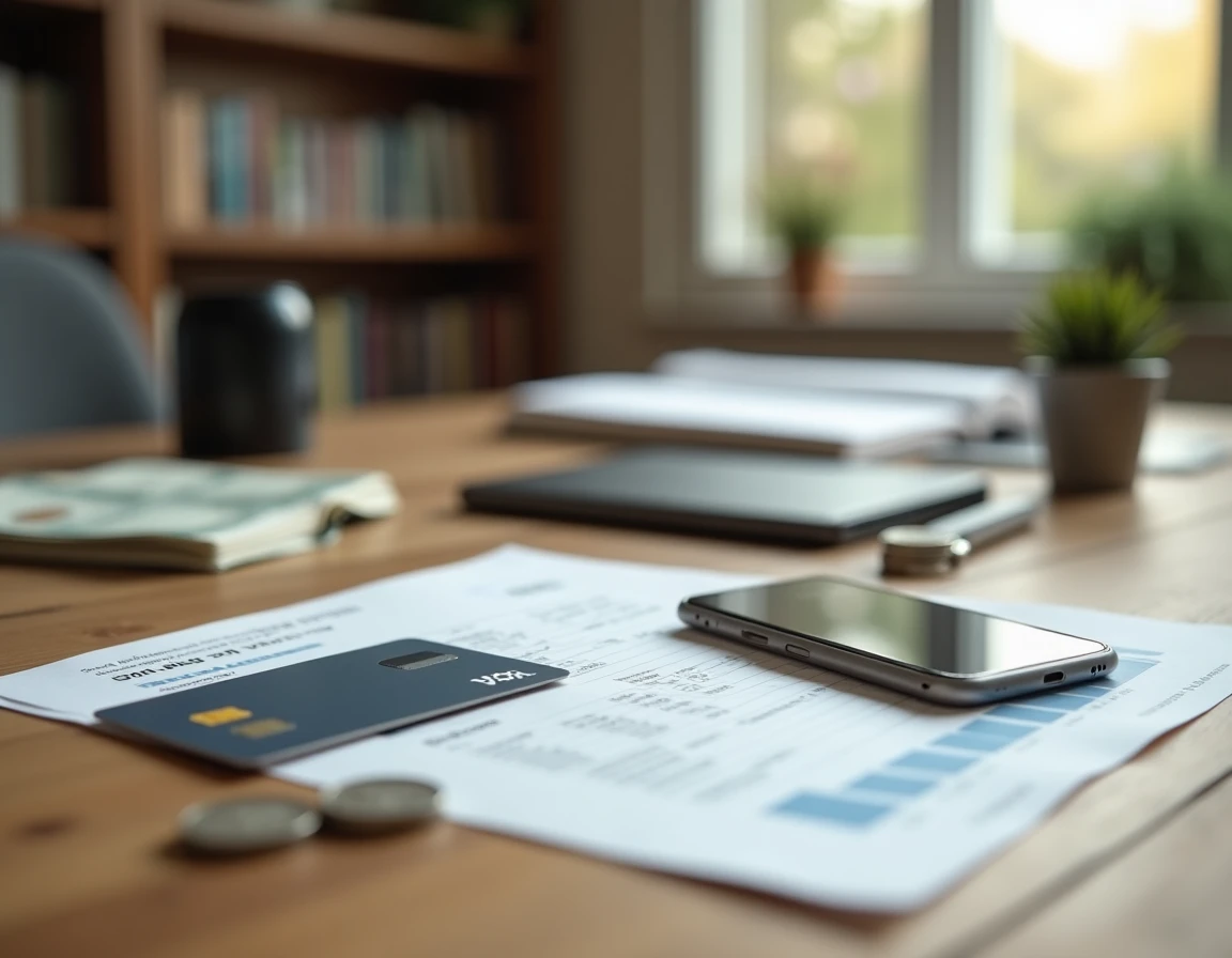 Vue aérienne d'un bureau avec carte Nickel, billets, pièces et relevé bancaire illustrant la gestion d'un refus de dépôt d'espèces