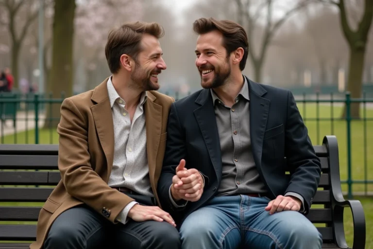 Chanteur parisien et partenaire souriants sur un banc