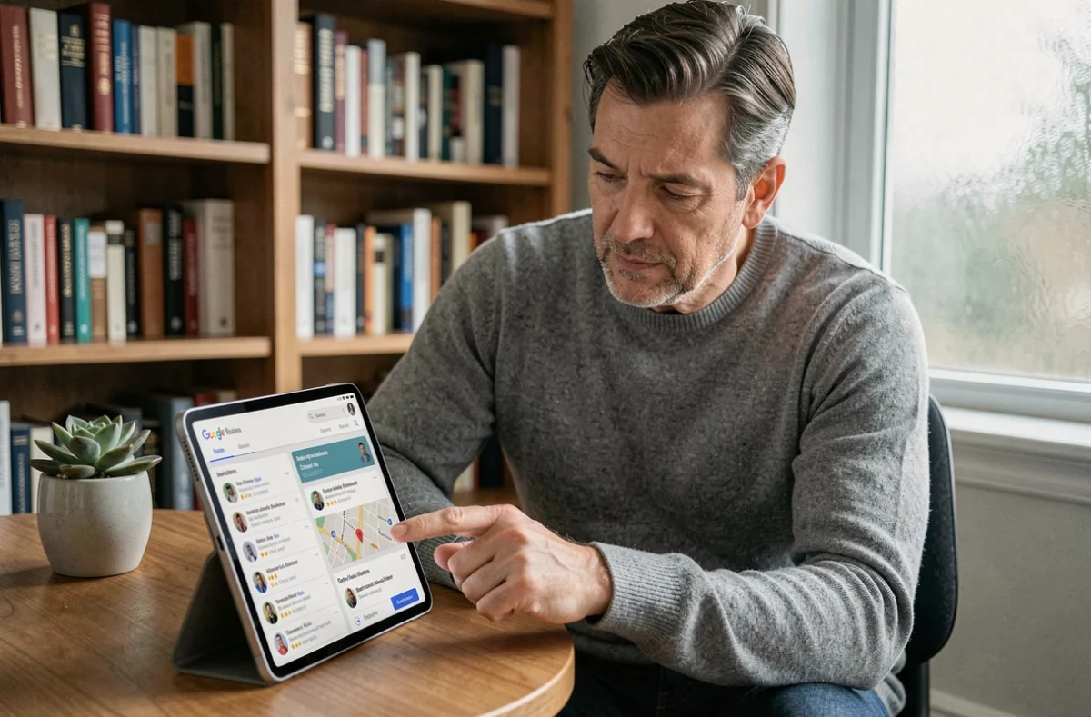 Chef d'entreprise consultant le profil Google My Business de sa société sur une tablette depuis son bureau à domicile pour améliorer sa visibilité locale