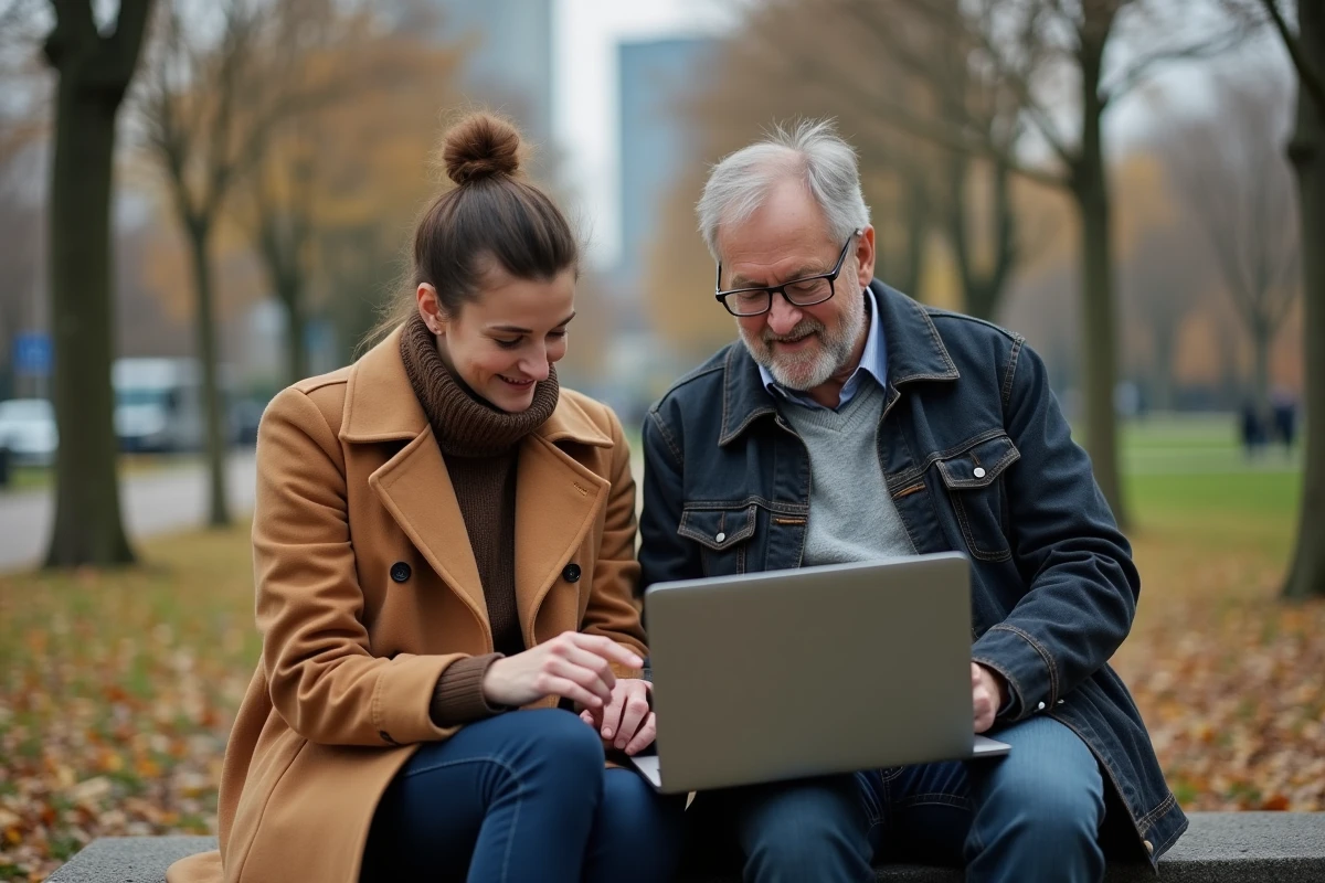 Deux collègues consultant ensemble la une d'un journal en ligne sur un ordinateur portable dans un parc en automne