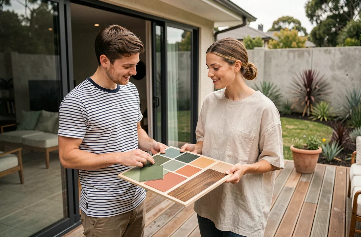 Jeune couple choisissant des échantillons de matériaux et couleurs pour l'aménagement extérieur de leur maison selon les nouvelles tendances habitat