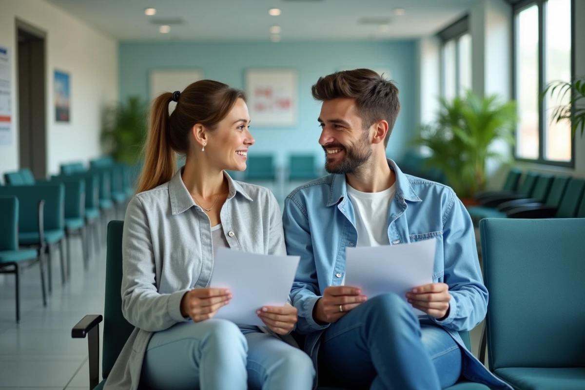 Couple d'expatriés français remplissant des formulaires médicaux dans la salle d'attente d'un hôpital international
