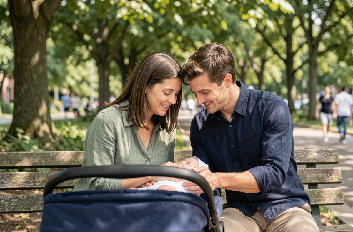 Jeune couple de parents se penchant tendrement vers la poussette de leur bébé dans un parc urbain, scène de parentalité sereine en plein air