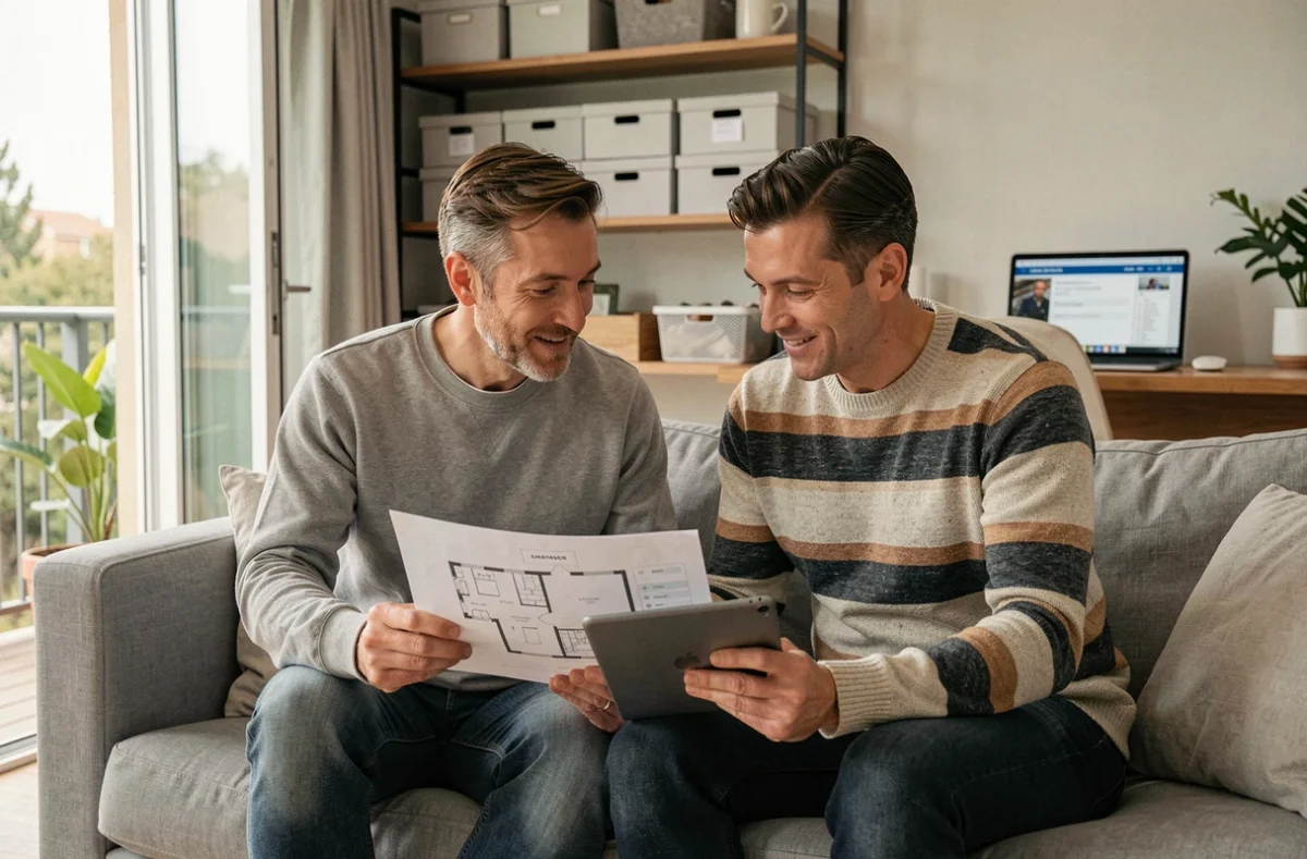 Couple planifiant l'organisation et l'optimisation de leur intérieur à l'aide d'un plan et d'une application sur tablette