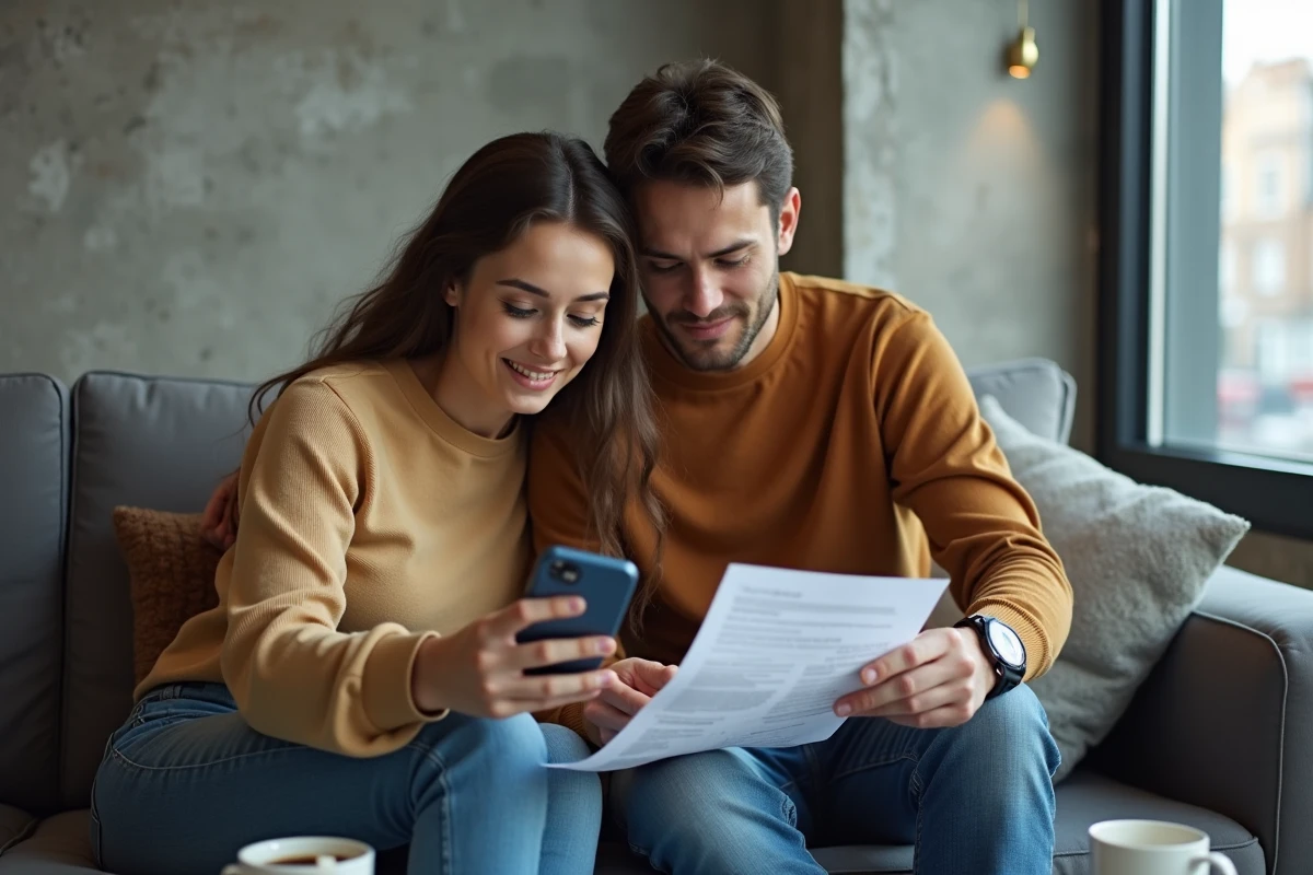 Couple vérifiant les délais d'acceptation de la garantie Visale sur smartphone et documents imprimés
