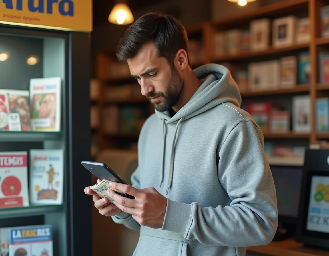 Homme consultant son téléphone devant un terminal Nickel dans un bureau de tabac, en lien avec un problème de dépôt d'espèces