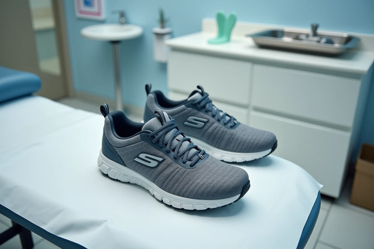 Détail de la semelle d'une chaussure Skechers sur une table d'examen podologique avec des outils médicaux