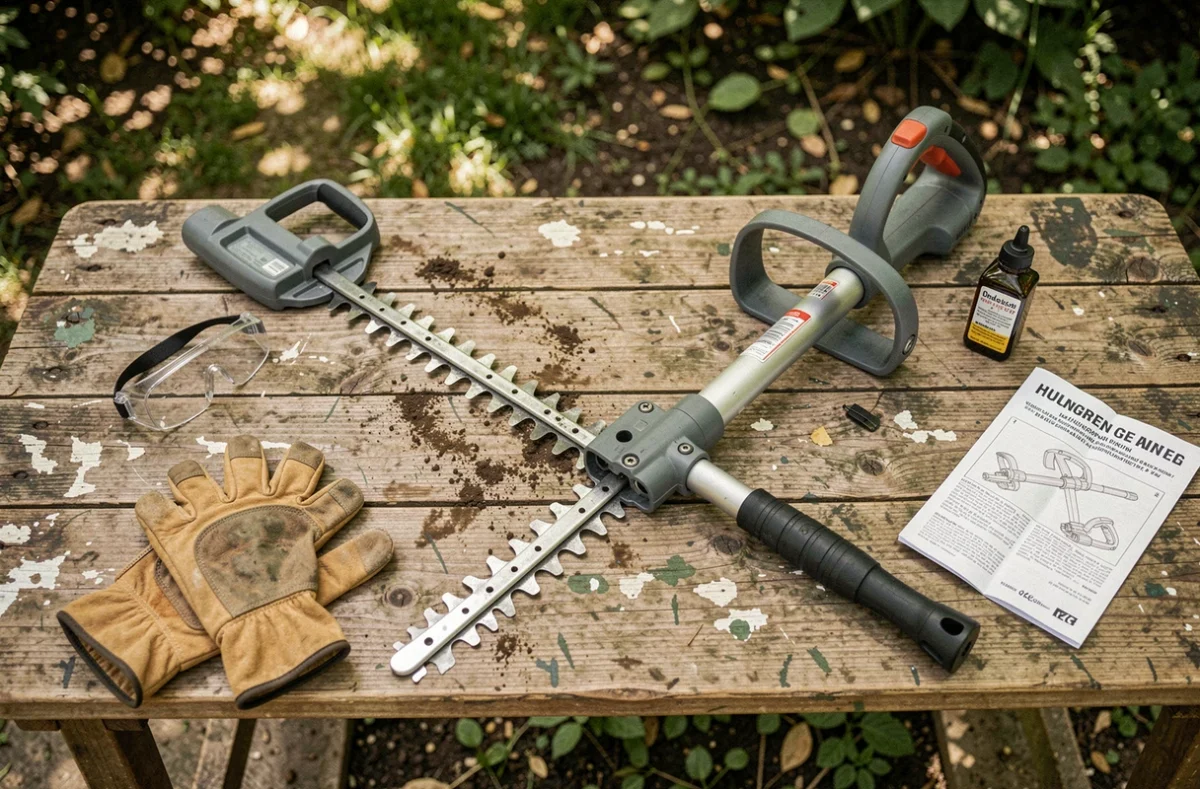 Vue rapprochée d'un taille-haie télescopique démonté avec ses accessoires sur un établi en bois de jardin