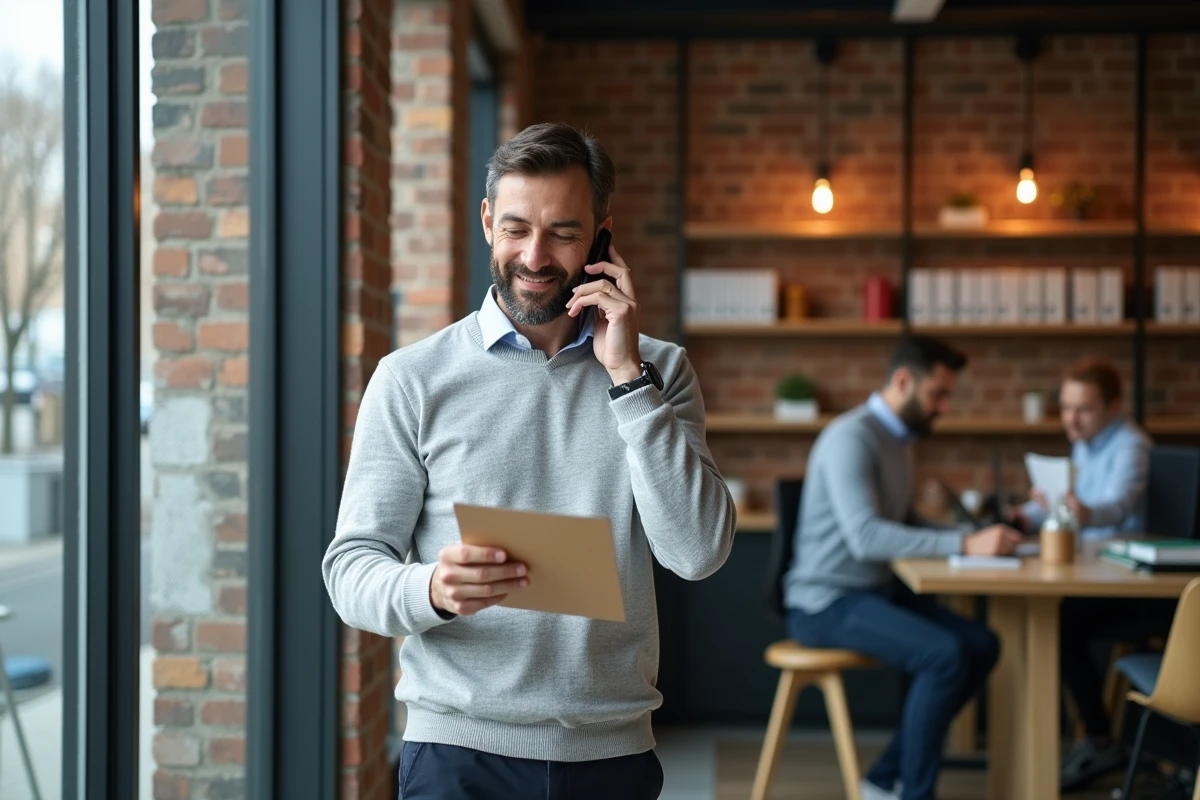 Professionnel en télétravail gérant son réseau via téléphone dans un espace de coworking
