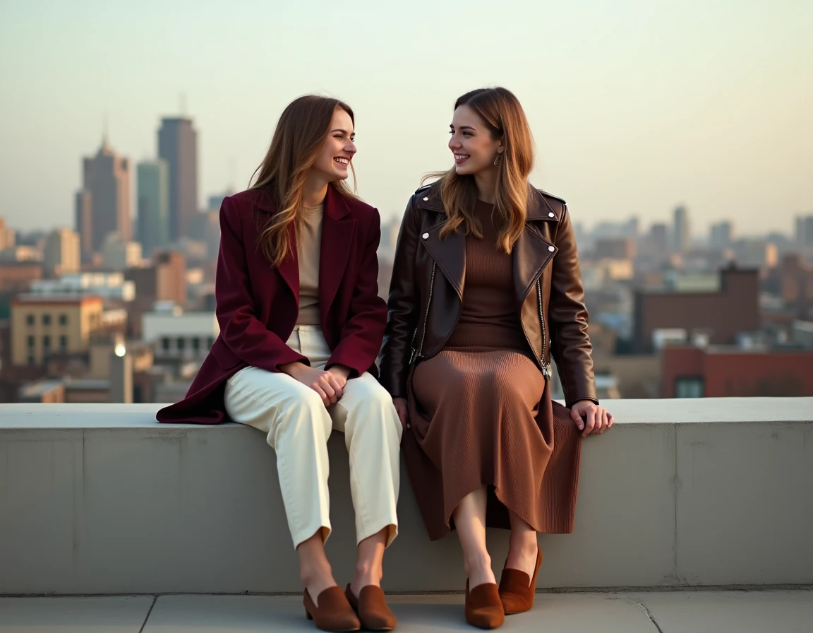 Deux femmes en tenues tendance automne-hiver assises sur un rooftop urbain, look blazer bordeaux et robe midi chocolat