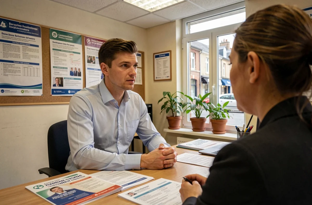 Jeune homme en entretien d'embauche dans une agence pour l'emploi dans la Manche