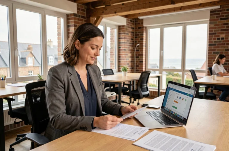 Femme consultant des offres d'emploi dans la Manche sur un bureau moderne en coworking normand