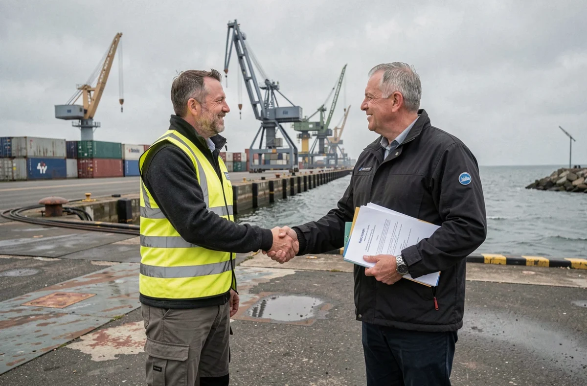 Ouvrier portuaire signant un contrat d'embauche dans un port industriel de la Manche en Normandie