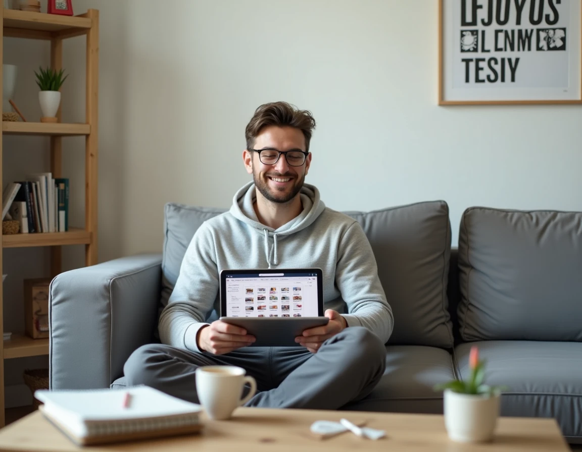 Jeune entrepreneur consultant un calendrier de contenu marketing digital sur une tablette dans un bureau à domicile minimaliste