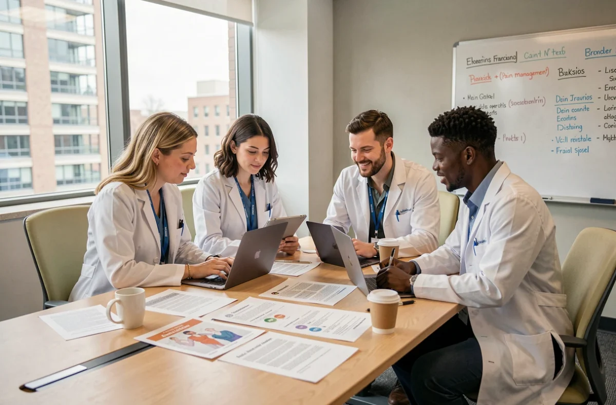 Équipe pluridisciplinaire de professionnels de santé lors d'une formation sur les protocoles de gestion de la douleur