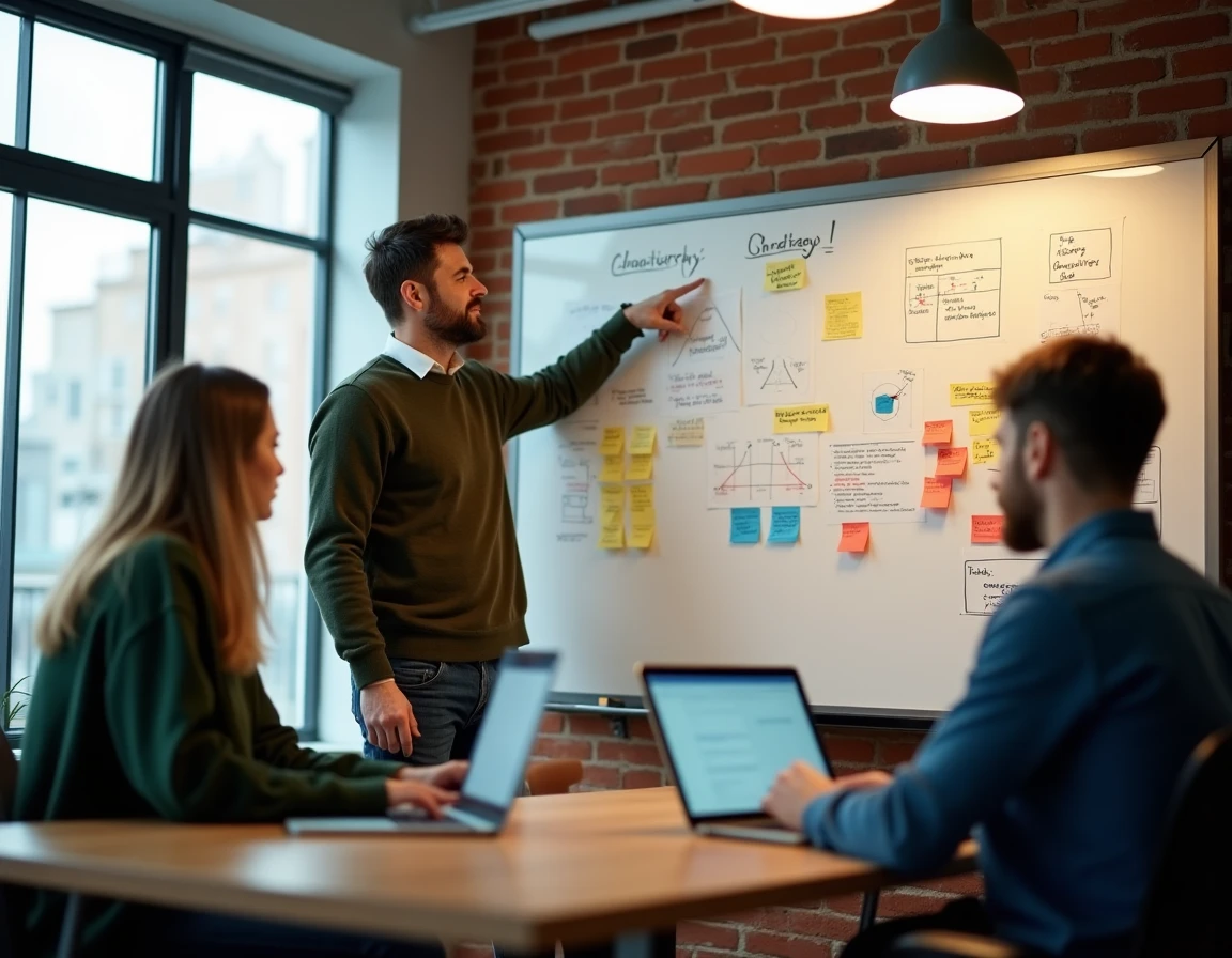 Équipe en réunion de stratégie marketing digital devant un tableau blanc dans un espace de co-working contemporain