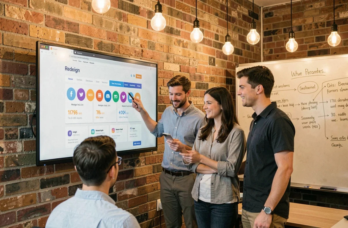 Équipe de jeunes professionnels collaborant sur une stratégie de présence web et de référencement dans un bureau de startup moderne