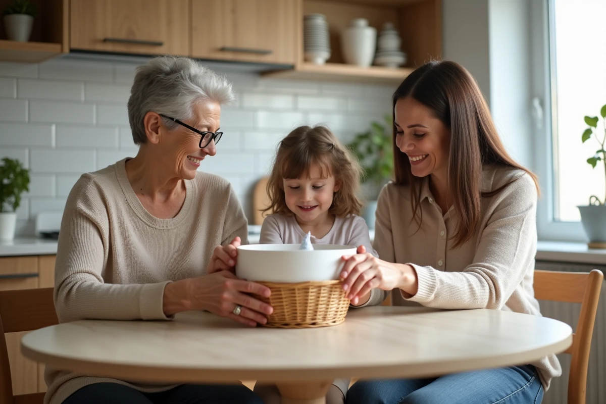 Famille multigeneration assemblant un cadeau pour bébé dans la cuisine