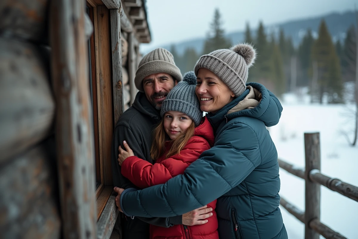 Famille réunie sur un porche enneigé en Alaska