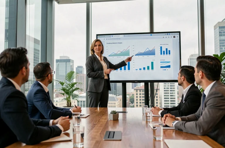 Femme d'affaires confiante présentant une stratégie devant son équipe dans une salle de réunion moderne avec vue sur la ville