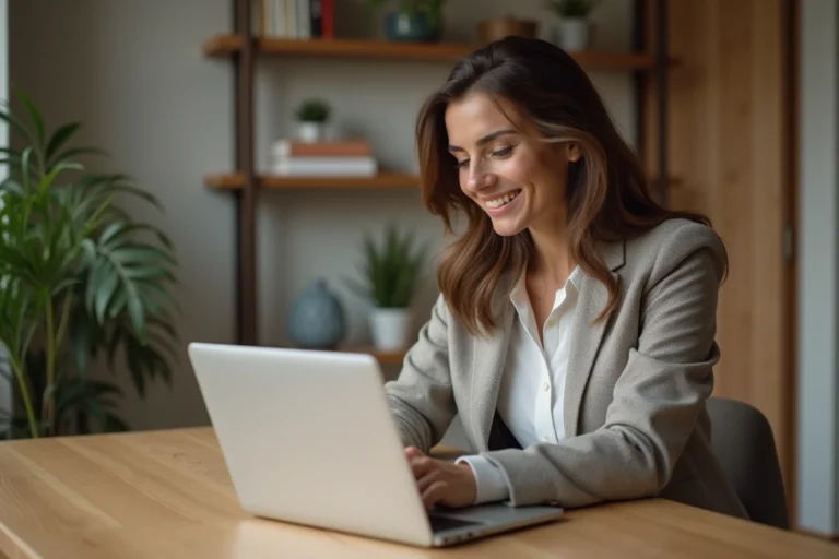 Femme travaillant sur son ordinateur dans un appartement cosy