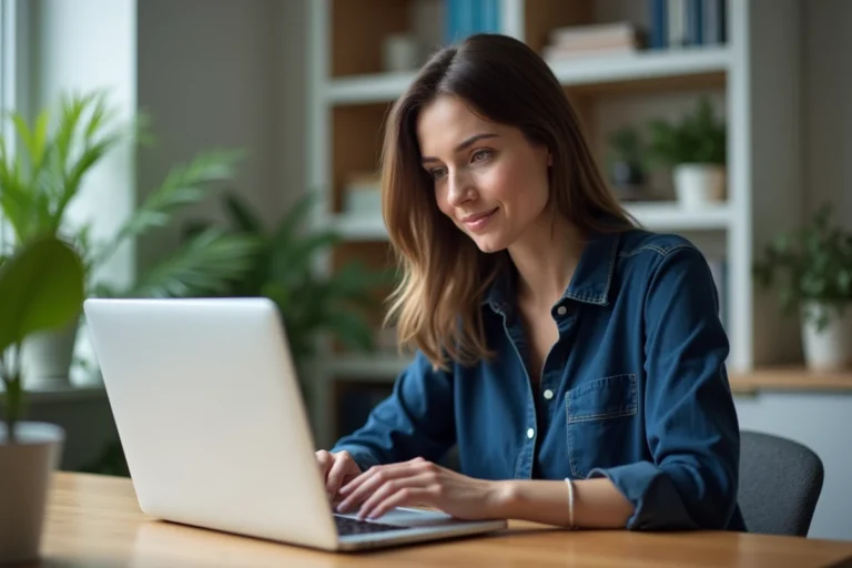 Femme travaillant sur son ordinateur dans un bureau cosy