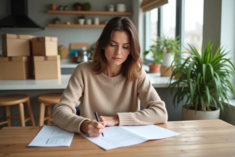 Femme remplissant un formulaire de changement d'adresse à la maison