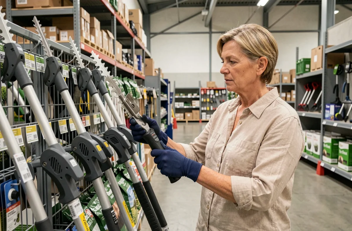 Femme comparant des modèles de taille-haies télescopiques dans un magasin de jardinage professionnel