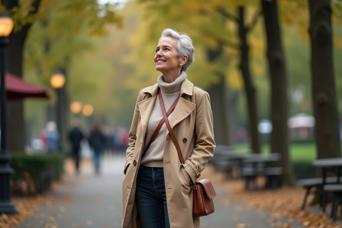 Femme confiante dans un parc urbain en trench beige