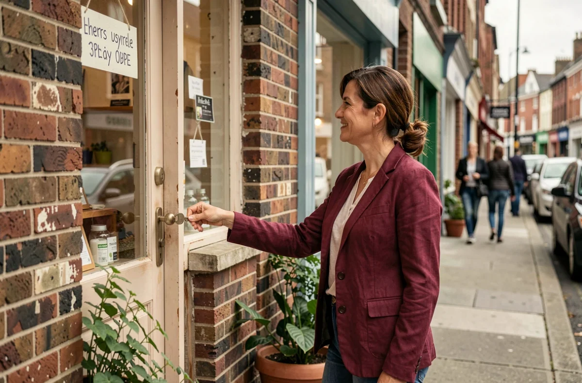 Femme entrepreneur ouvrant la porte de sa première boutique dans une rue commerçante, symbolisant le lancement de son premier business