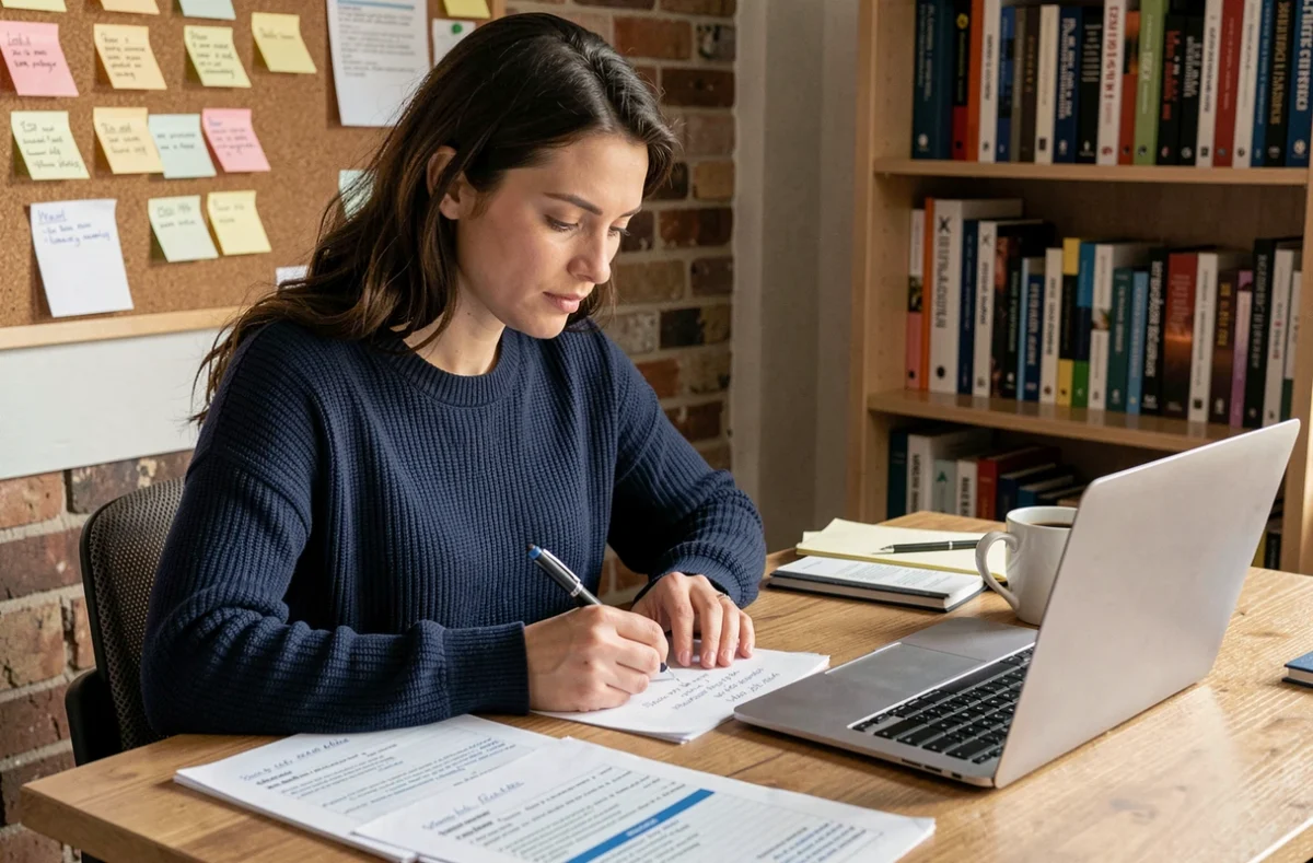 Femme entrepreneur en train d'élaborer son plan d'affaires à son bureau à domicile, entourée de notes et d'un ordinateur portable