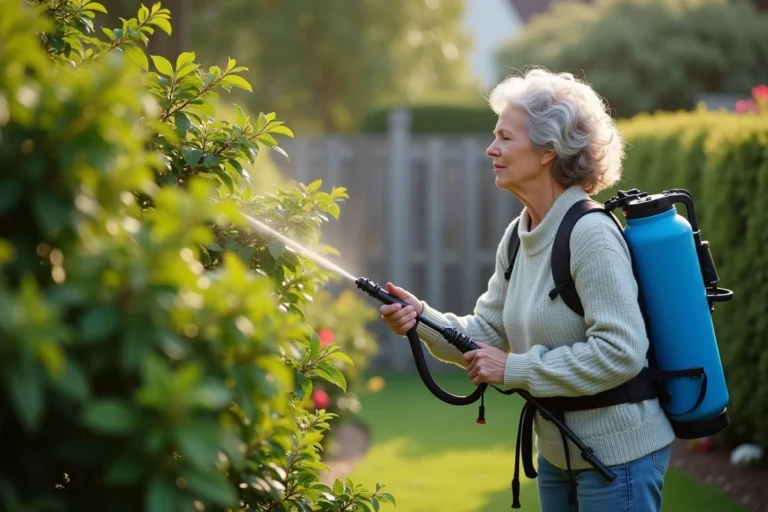 Femme en jardinage avec pulvérisateur sur un laurier