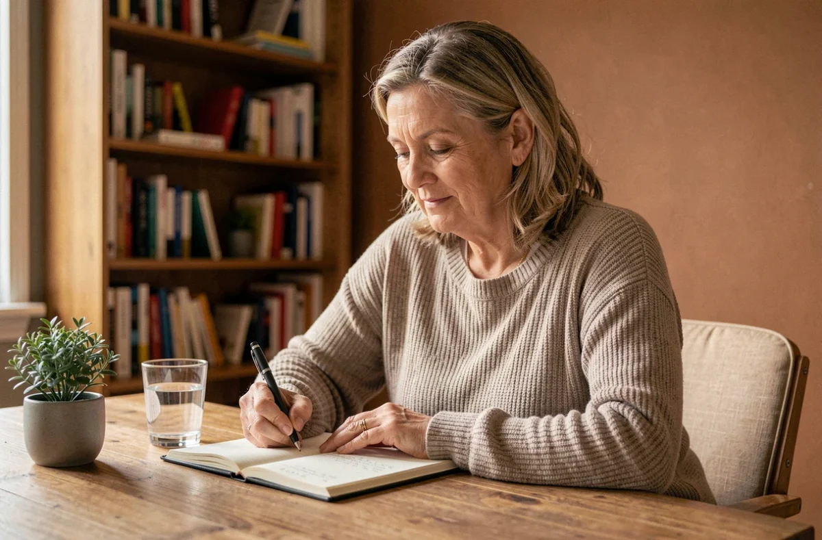 Femme écrivant dans un journal de bien-être pour prendre soin de sa santé mentale au quotidien