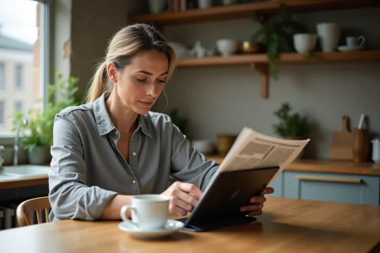 Femme lisant la une d'un journal en ligne sur une tablette dans une cuisine moderne le matin