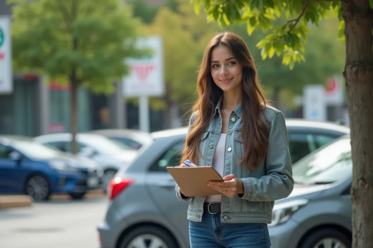 Femme en tenue décontractée près d une voiture de location