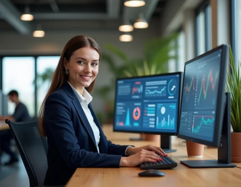 Femme professionnelle analysant des données de marketing digital sur deux écrans dans un bureau moderne en 2024