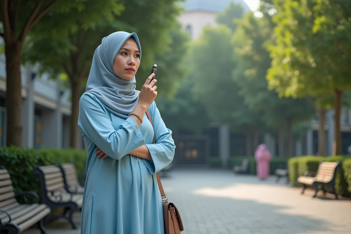 Femme musulmane en hijab dans une cour urbaine avec vape