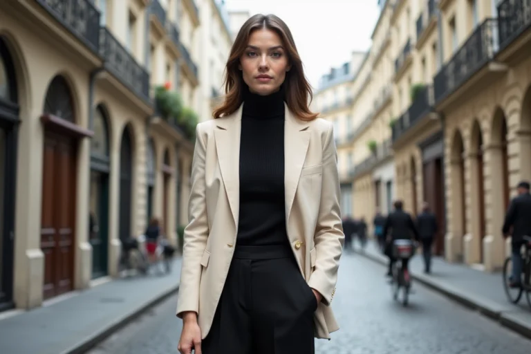 Femme élégante à Paris portant blazer crème et turtleneck noir