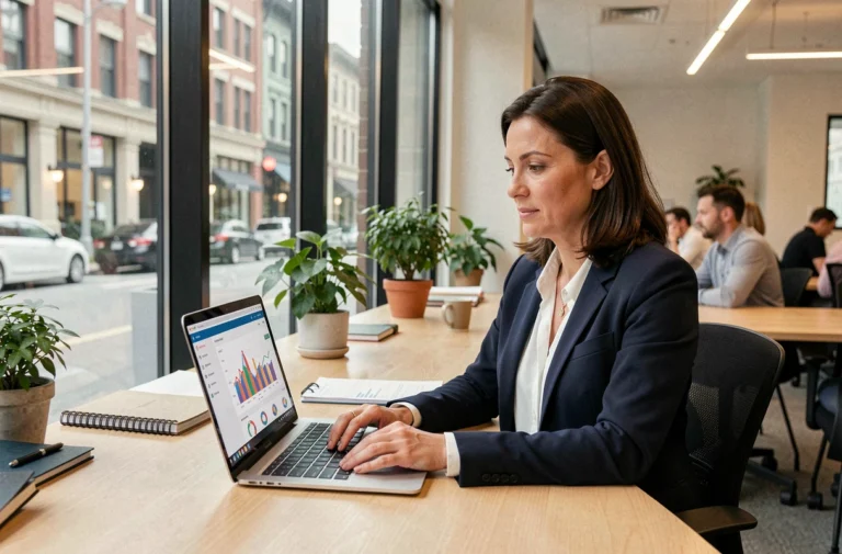 Femme professionnelle analysant les statistiques de visibilité web de son entreprise sur un ordinateur portable dans un espace de coworking moderne