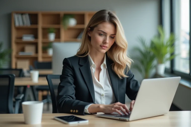 Femme confiante travaillant sur un ordinateur dans un bureau moderne