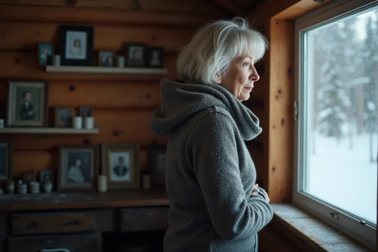 Femme réfléchissant près d'une fenêtre givrée en Alaska