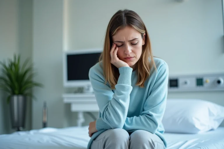 Femme reposant sur un lit d'hôpital avec fatigue