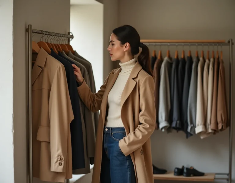 Femme élégante en trench-coat camel et jean large dans une boutique de mode parisienne minimaliste