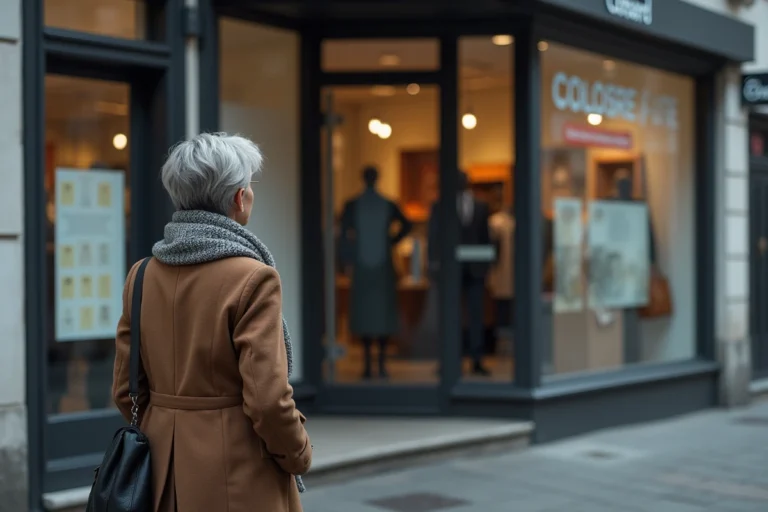 Femme en manteau devant un magasin fermé en ville