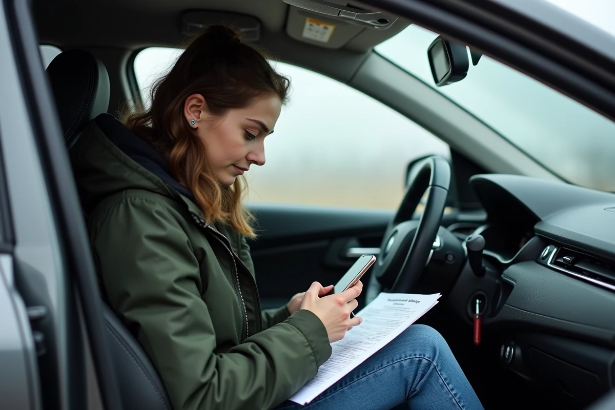 Jeune femme vérifiant les délais du constat amiable sur son téléphone après un accident de voiture
