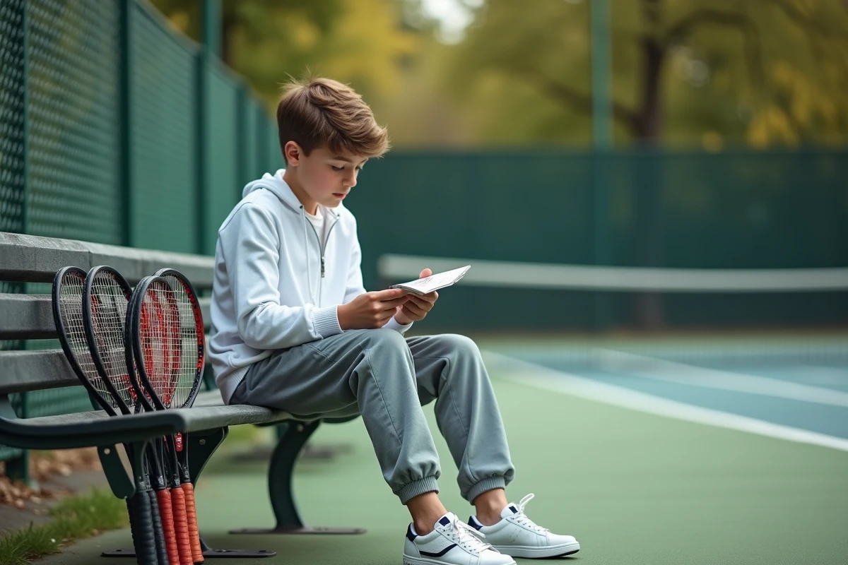 Garçon lisant une brochure de raquettes sur un banc de tennis