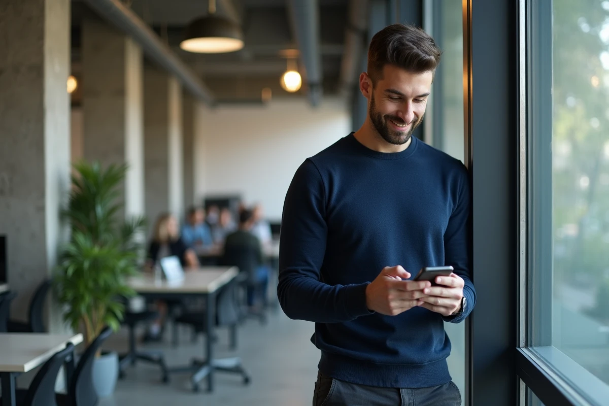 Homme consultant les titres de l'actualité sur smartphone dans un espace de coworking moderne