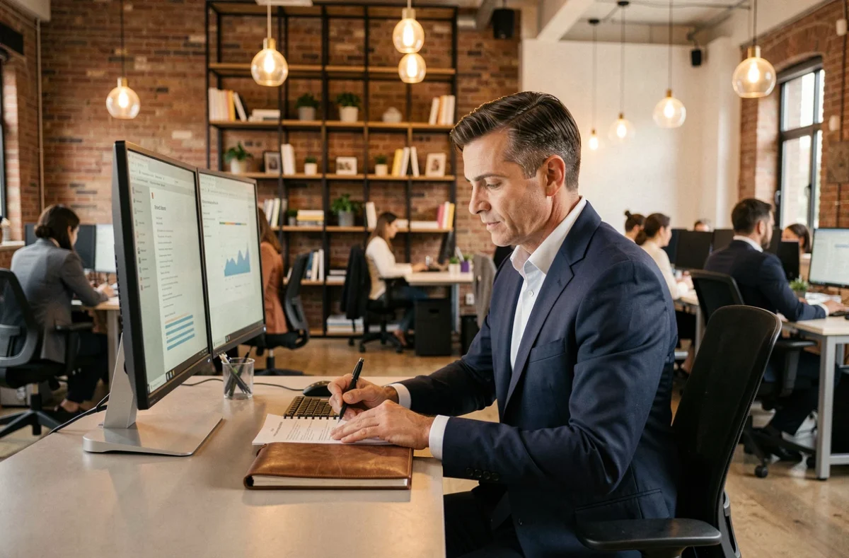 Homme d'affaires concentré analysant des documents stratégiques dans un bureau moderne en open space
